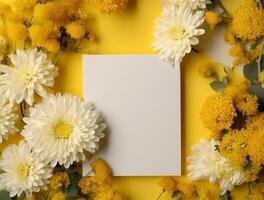 Blank paper with tropical leaves and flowers. Flat lay, top view, copy space photo