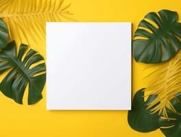 Blank paper with tropical leaves and flowers. Flat lay, top view, copy space photo