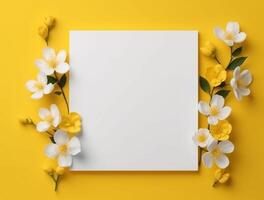 Blank paper with tropical leaves and flowers. Flat lay, top view, copy space photo