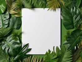 Blank paper with tropical leaves and flowers. Flat lay, top view, copy space photo