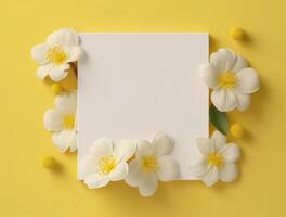 Blank paper with tropical leaves and flowers. Flat lay, top view, copy space photo