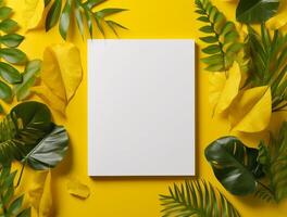 Blank paper with tropical leaves and flowers. Flat lay, top view, copy space photo