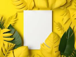 Blank paper with tropical leaves and flowers. Flat lay, top view, copy space photo