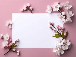 Blank paper with tropical leaves and flowers. Flat lay, top view, copy space photo