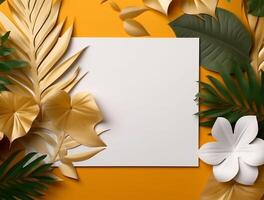 Blank paper with tropical leaves and flowers. Flat lay, top view, copy space photo