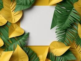 Blank paper with tropical leaves and flowers. Flat lay, top view, copy space photo