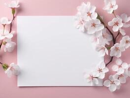 Blank paper with tropical leaves and flowers. Flat lay, top view, copy space photo