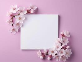 Blank paper with tropical leaves and flowers. Flat lay, top view, copy space photo