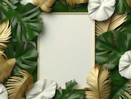 Blank paper with tropical leaves and flowers. Flat lay, top view, copy space photo