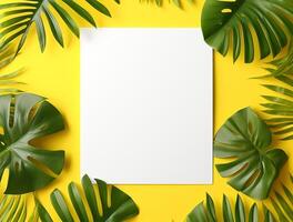 Blank paper with tropical leaves and flowers. Flat lay, top view, copy space photo