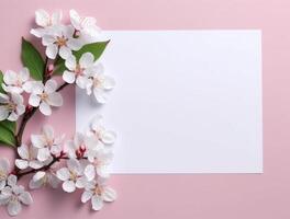 Blank paper with tropical leaves and flowers. Flat lay, top view, copy space photo