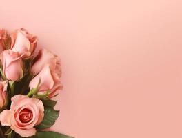 Beautiful rose flowers on flat background, top view. Space for text photo