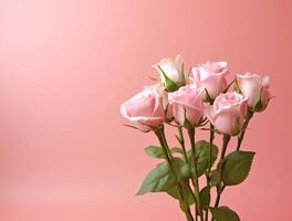 Beautiful rose flowers on flat background, top view. Space for text photo
