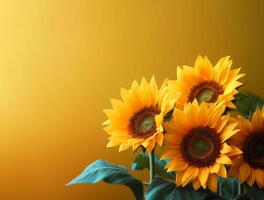 Beautiful sunflowers on flat background, top view. Space for text photo