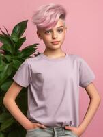 niña vistiendo gris camiseta para Bosquejo diseño ai generado foto