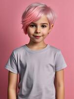 niña vistiendo gris camiseta para Bosquejo diseño ai generado foto