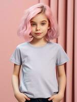 niña vistiendo gris camiseta para Bosquejo diseño ai generado foto