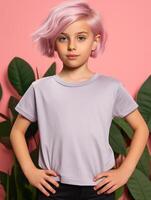 niña vistiendo gris camiseta para Bosquejo diseño ai generado foto