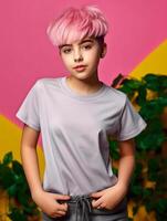 Girl wearing Grey T-Shirt for Mockup Design Ai generated photo