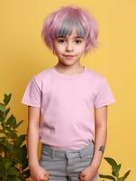 niña vistiendo gris camiseta para Bosquejo diseño ai generado foto