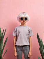 Girl wearing Grey T-Shirt for Mockup Design Ai generated photo
