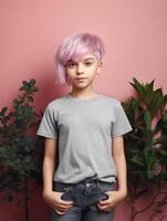 Girl wearing Grey T-Shirt for Mockup Design Ai generated photo