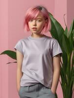 Girl wearing Grey T-Shirt for Mockup Design Ai generated photo