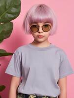 niña vistiendo gris camiseta para Bosquejo diseño ai generado foto