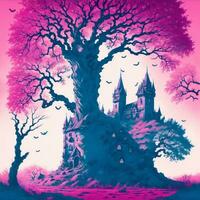 Halloween illustration with castle and tree, in risograph style Ai Generative photo