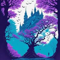 Halloween illustration with castle and tree, in risograph style Ai Generative photo