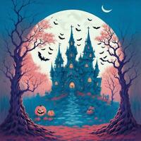 Halloween illustration with castle and tree, in risograph style Ai Generative photo