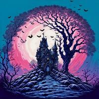 Halloween illustration with castle and tree, in risograph style Ai Generative photo