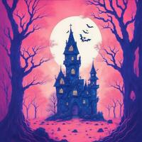 Halloween illustration with castle and tree, in risograph style Ai Generative photo