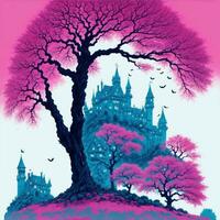 Halloween illustration with castle and tree, in risograph style Ai Generative photo