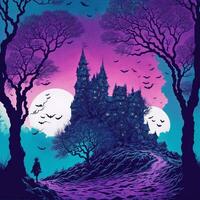 Halloween illustration with castle and tree, in risograph style Ai Generative photo