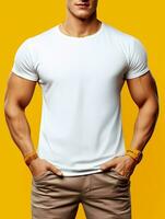 Men blank  white t-shirt for mockup design psd AI Generative photo