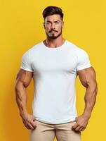 Men blank  white t-shirt for mockup design psd AI Generative photo