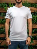 Men blank  white t-shirt for mockup design psd AI Generative photo