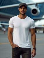 Men blank  white t-shirt for mockup design psd AI Generative photo