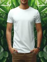 Men blank  white t-shirt for mockup design psd AI Generative photo