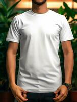 Men blank  white t-shirt for mockup design psd AI Generative photo