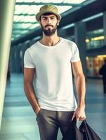 Men blank  white t-shirt for mockup design psd AI Generative photo