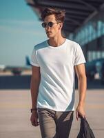 Men blank  white t-shirt for mockup design psd AI Generative photo