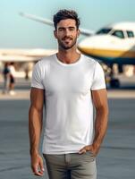 Men blank  white t-shirt for mockup design psd AI Generative photo