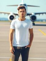 Men blank  white t-shirt for mockup design psd AI Generative photo