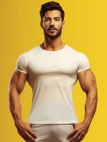 Men blank  white t-shirt for mockup design psd AI Generative photo