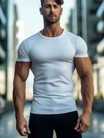 Men blank  white t-shirt for mockup design psd AI Generative photo