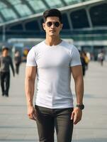 Men blank  white t-shirt for mockup design psd AI Generative photo