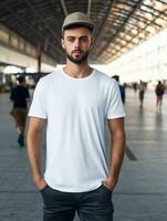 hombres blanco blanco camiseta para Bosquejo diseño ai generativo foto