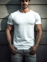 Men blank  white t-shirt for mockup design AI Generative photo